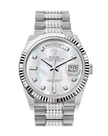 Rolex Day-Date 36 Mother of Pearl Diamond Dial Fluted Bezel White Gold Diamond President Watch 128239