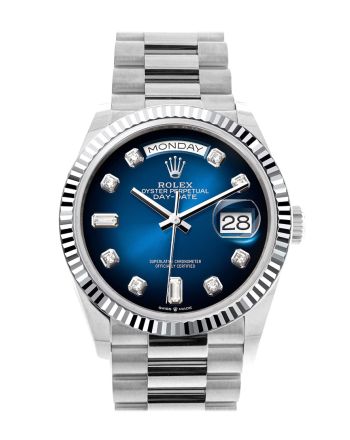 Rolex Day-Date 36 Blue ombré Diamond Dial Fluted Bezel Platinum President Watch 128236