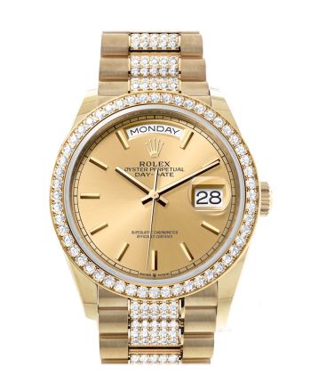 Rolex Day-Date 36 Champagne Dial Gold Diamond Bezel Watch 128348RBR-0027 128348RBR