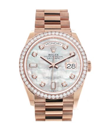 Rolex Day-Date 36 Mother of Pearl Diamond Dial Diamond Bezel 18K Everose Gold President Watch 128345RBR