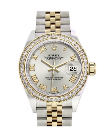 Rolex Datejust 28 Silver Roman Dial Diamond Bezel Yellow Gold Jubilee Ladies Watch 279383RBR 279383