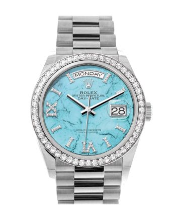 Rolex Day-Date 36 Turquoise Diamond Dial Diamond Bezel White Gold President Watch 128349RBR