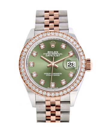 Rolex Datejust 28 Olive Green Diamonds Dial Diamond Bezel Rose Gold Two Tone Watch 279381RBR 279381