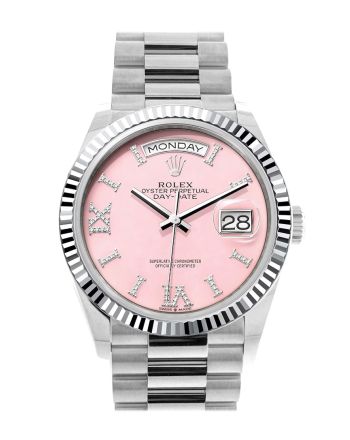 Rolex Day-Date 36 Pink Opal Diamond Dial Fluted Bezel Platinum President Watch 128236