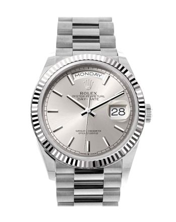 Rolex Day-Date 36 Silver Dial Fluted Bezel White gold President Watch 128239