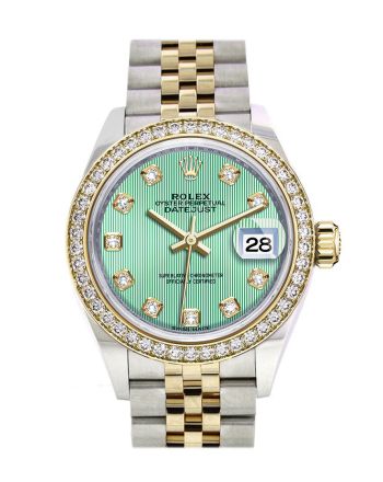 Rolex Datejust 28 Mint Green set with diamonds Dial Diamond Bezel Yellow Gold Jubilee Ladies Watch 279383RBR 279383