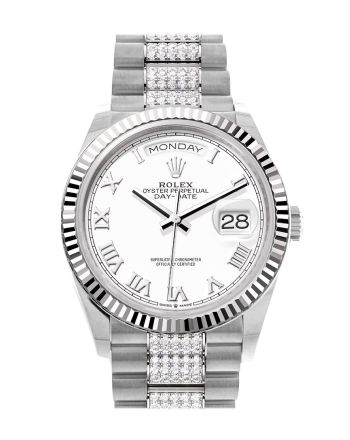 Rolex Day-Date 36 White Dial Fluted Bezel White Gold Diamond President Watch 128239