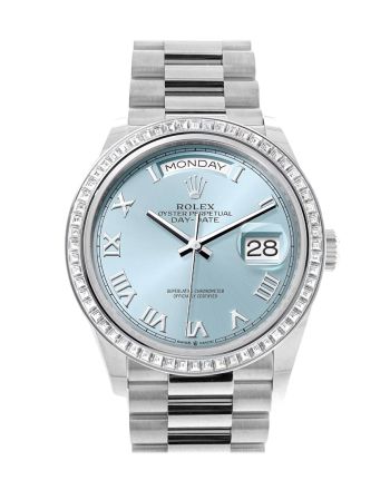 Rolex Day-Date 36 Ice Blue Roman Dial Diamond Bezel Platinum President Watch 128396TBR