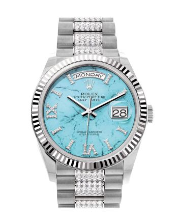 Rolex Day-Date 36 Turquoise Diamond Dial Fluted Bezel White Gold Diamond President Watch 128239