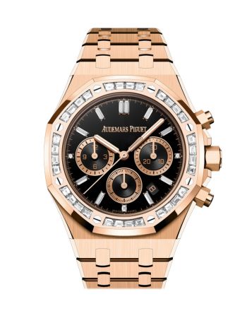 Audemars Piguet Royal Oak Chronograph Rose Gold Diamond Bezel Black Onyx Diamond Baguette Dial Watch 26715OR.ZZ.1356OR.02