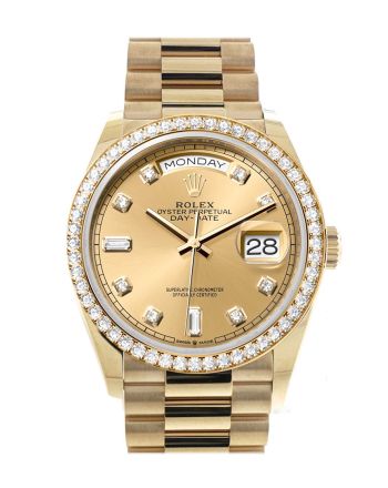 Rolex Day-Date 36 Champagne Diamond Dial Gold Diamond Bezel Watch 128348RBR-0008 128348RBR