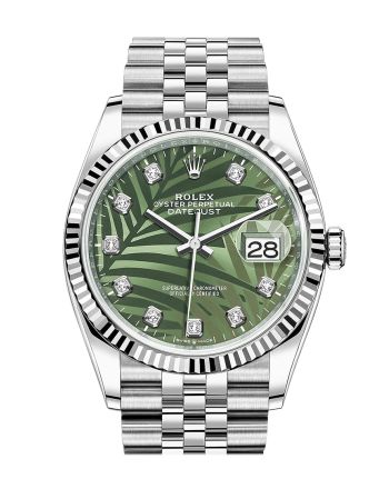 Rolex Datejust 36 Olive Green Palm Motif Diamond Dial Fluted Watch Jubilee 126234