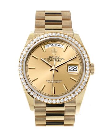 Rolex Day-Date 36 Champagne Dial Gold Diamond Bezel Watch 128348RBR-0026 128348RBR