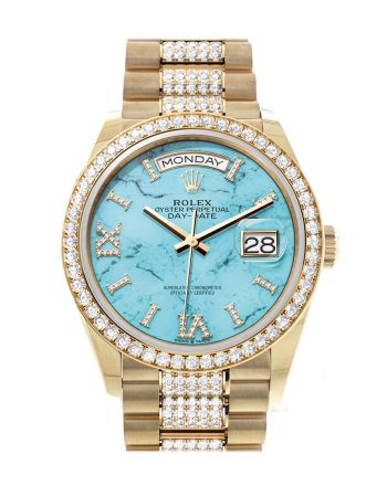 Rolex Day-Date 36 Dark Turquoise Diamond Dial Gold Diamond Bezel Watch 128348RBR-0038 128348RBR