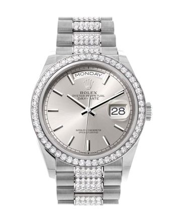 Rolex Day-Date 36 Silver Dial Diamond Bezel White Gold Diamond President Watch 128349RBR