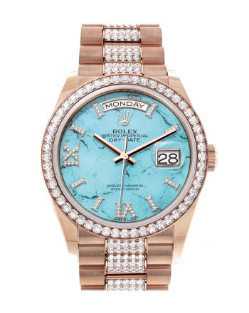 Rolex Day-Date 36 Turquoise Dial Diamond Bezel 18K Everose Gold Diamond President Watch 128345RBR