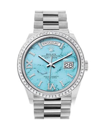 Rolex Day-Date 36 Turquoise Dial Diamond Bezel Platinum President Watch 128396TBR