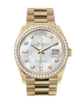 Rolex Day-Date 36 Mother of Pearl  Dial Gold Diamond Bezel Watch 128348RBR-0017 128348RBR