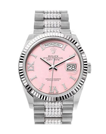 Rolex Day-Date 36 Pink Opal Diamond Dial Fluted Bezel White Gold Diamond President Watch 128239