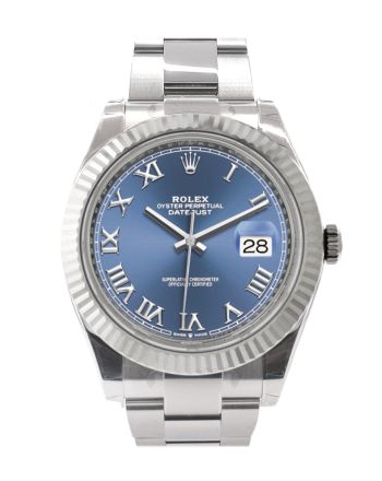 Rolex Datejust 41 Blue Roman Dial White Gold Fluted Bezel Oyster Mens Watch 126334