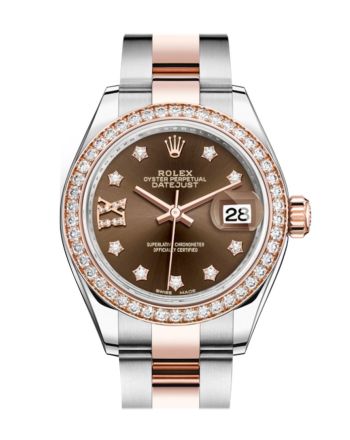 Rolex Datejust 28 Chocolate Large VI Diamonds Dial Diamond Bezel Rose Gold Two Tone Watch 279381RBR 279381