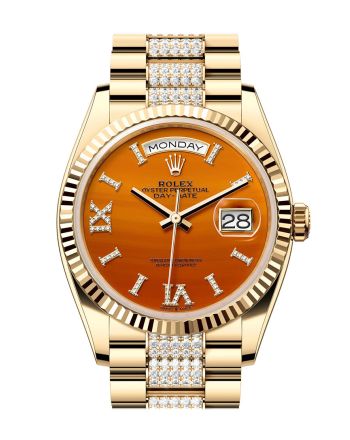 Rolex Day-Date 36 Carnelian Dial Gold Fluted Bezel Diamond Bracelet Yellow Gold Watch 128238