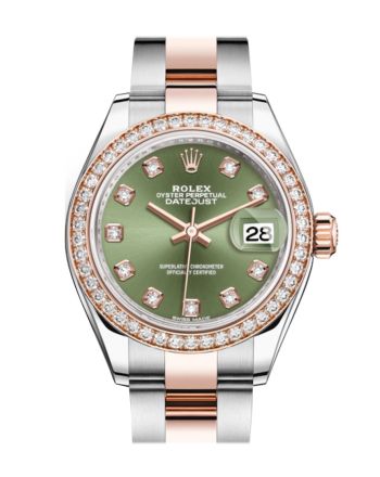 Rolex Datejust 28 Olive Green Diamonds Dial Diamond Bezel Rose Gold Two Tone Watch 279381RBR 279381