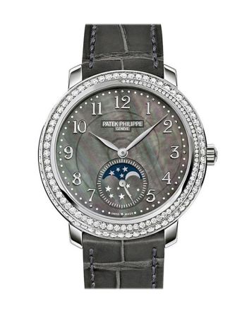 Patek Philippe Complications Black Mother of Pearl Dial Diamond Bezel 18kt White Gold Leather 33mm Ladies Watch 4968G-001