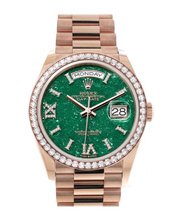 Rolex Day-Date 36 Green Aventurine Dial Diamond Bezel 18K Everose Gold President Watch 128345RBR