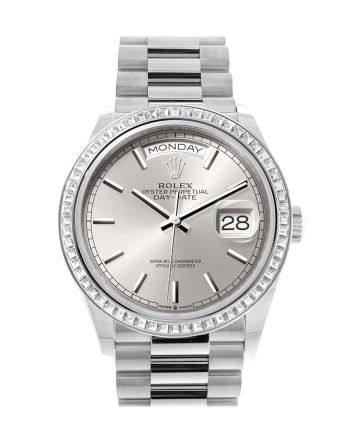 Rolex Day-Date 36 Silver Dial Diamond Bezel Platinum President Watch 128396TBR