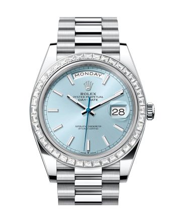 Rolex Day-Date 40 Ice Blue Dial Baguette Diamond Bezel Platinum President Men's Watch 228396TBR