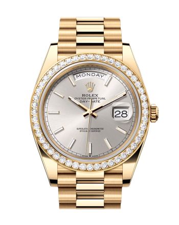 Rolex Day-Date 40 Silver Dial Diamond Bezel Yellow Gold President Men's Watch 228348RBR 228348