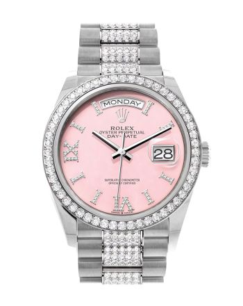 Rolex Day-Date 36 Pink Opal Diamond Dial Diamond Bezel White Gold Diamond President Watch 128349RBR