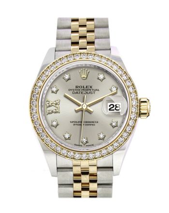 Rolex Datejust 28 Silver Diamond Star Dial Diamond Bezel Yellow Gold Jubilee Ladies Watch 279383RBR 279383